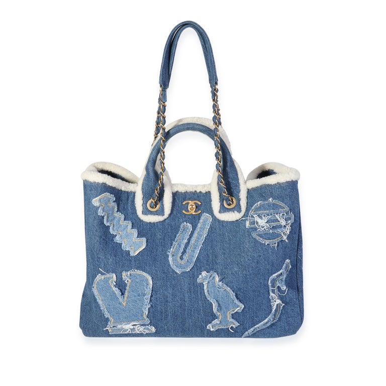 Chanel Blue Denim Shearling Hieroglyph Coco Tote For Sale at 1stDibs