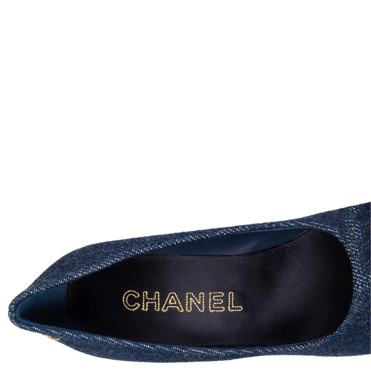 Black CHANEL blue DENIM WEDGE ROUND TOE Pumps Shoes 37 C