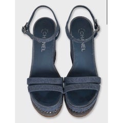 Chanel Blue Denim Wedge Sandals, Size 39.5