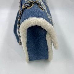Chanel Blue Denim White Shearling Egyptian Hieroglyph Maxi Flap Bag Gold HW