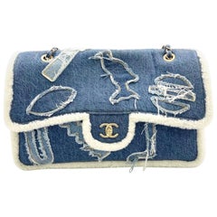 Chanel Blue Denim White Shearling Egyptian Hieroglyph Maxi Flap Bag Gold HW
