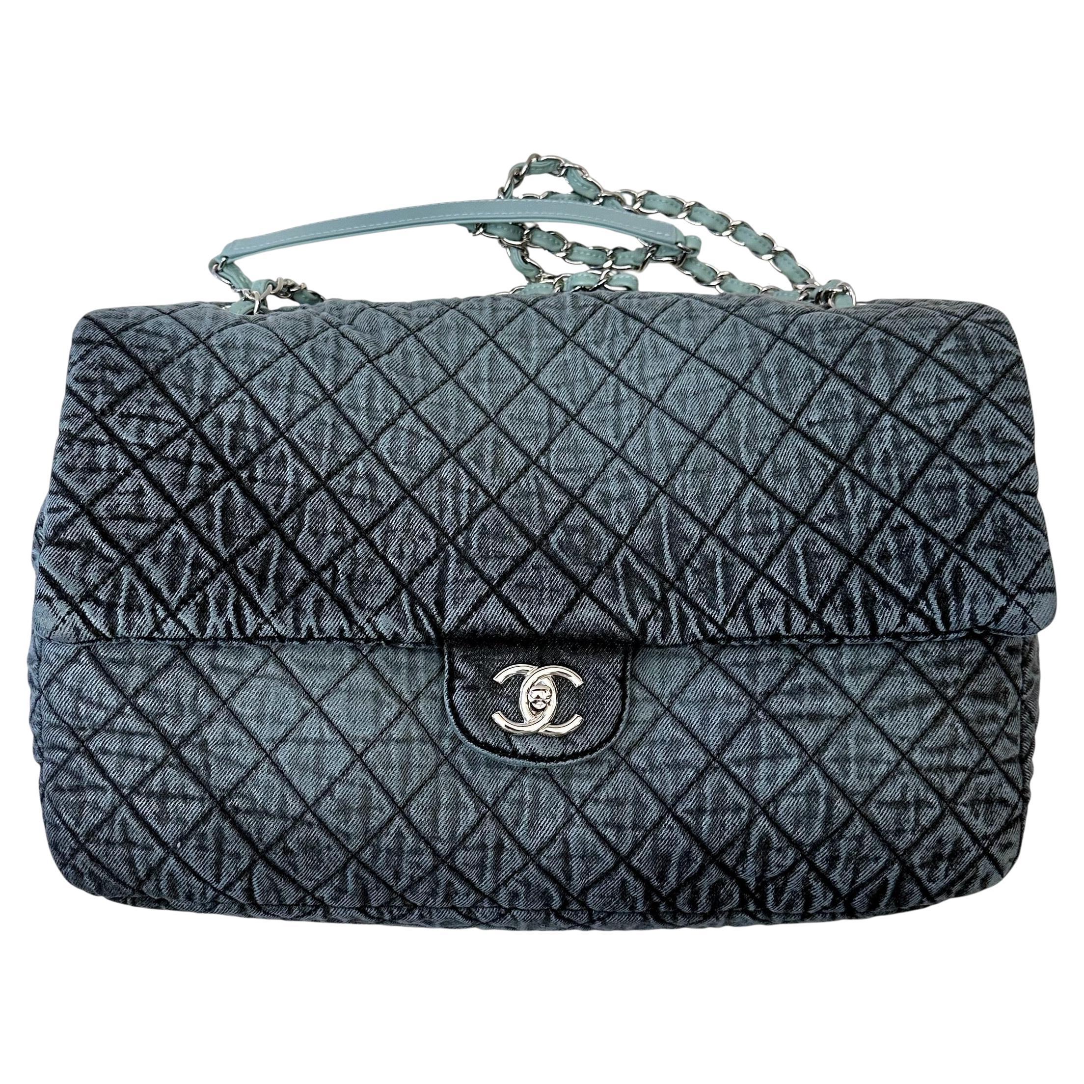 Chanel Blue Denimpression Single Flap Bag XL with Silver Hardware