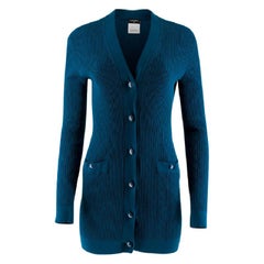 Chanel Blau Diamond Knit Longline Strickjacke - Größe US 6