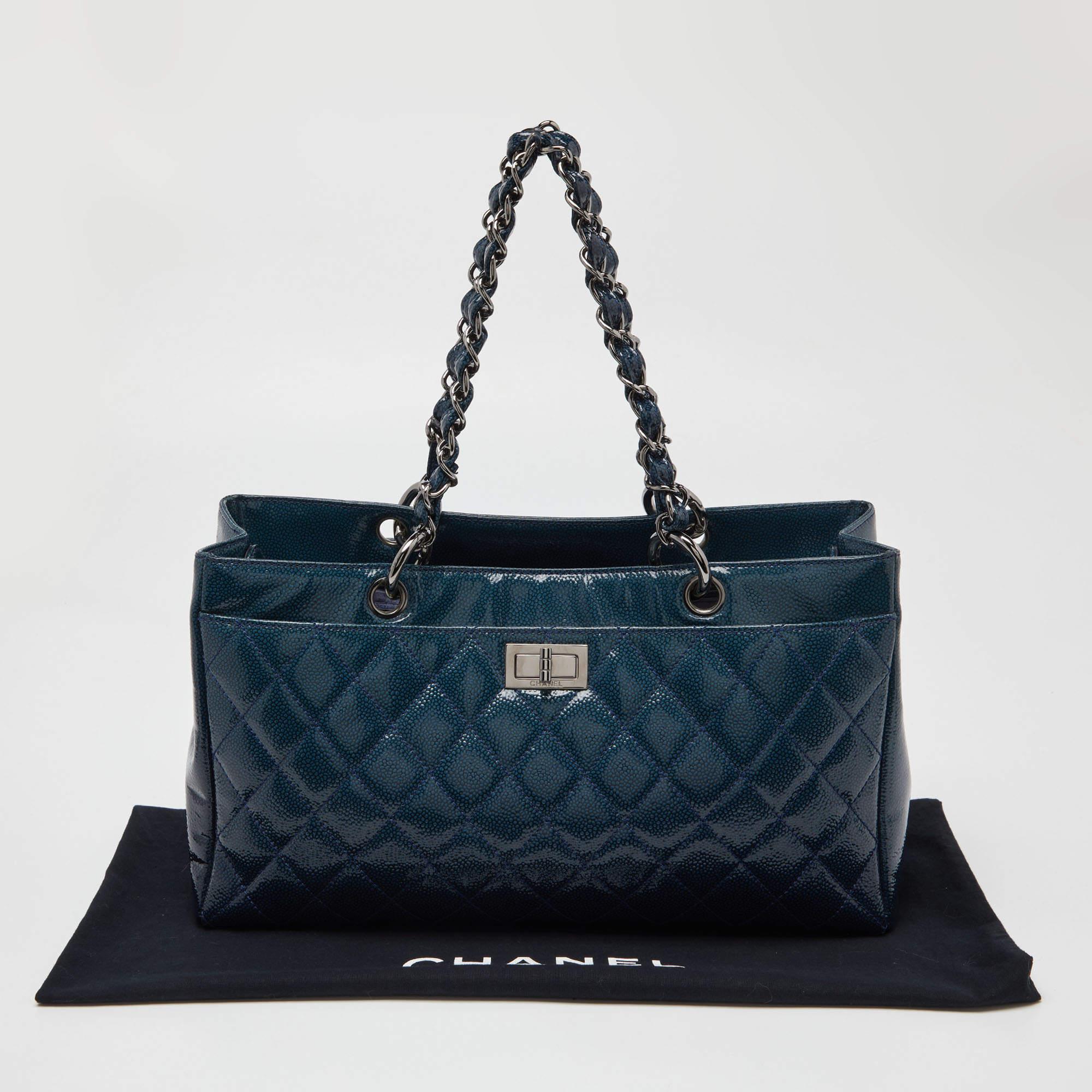 Chanel Blue Diamond Shine Quilted Leather Reissue Tote 7