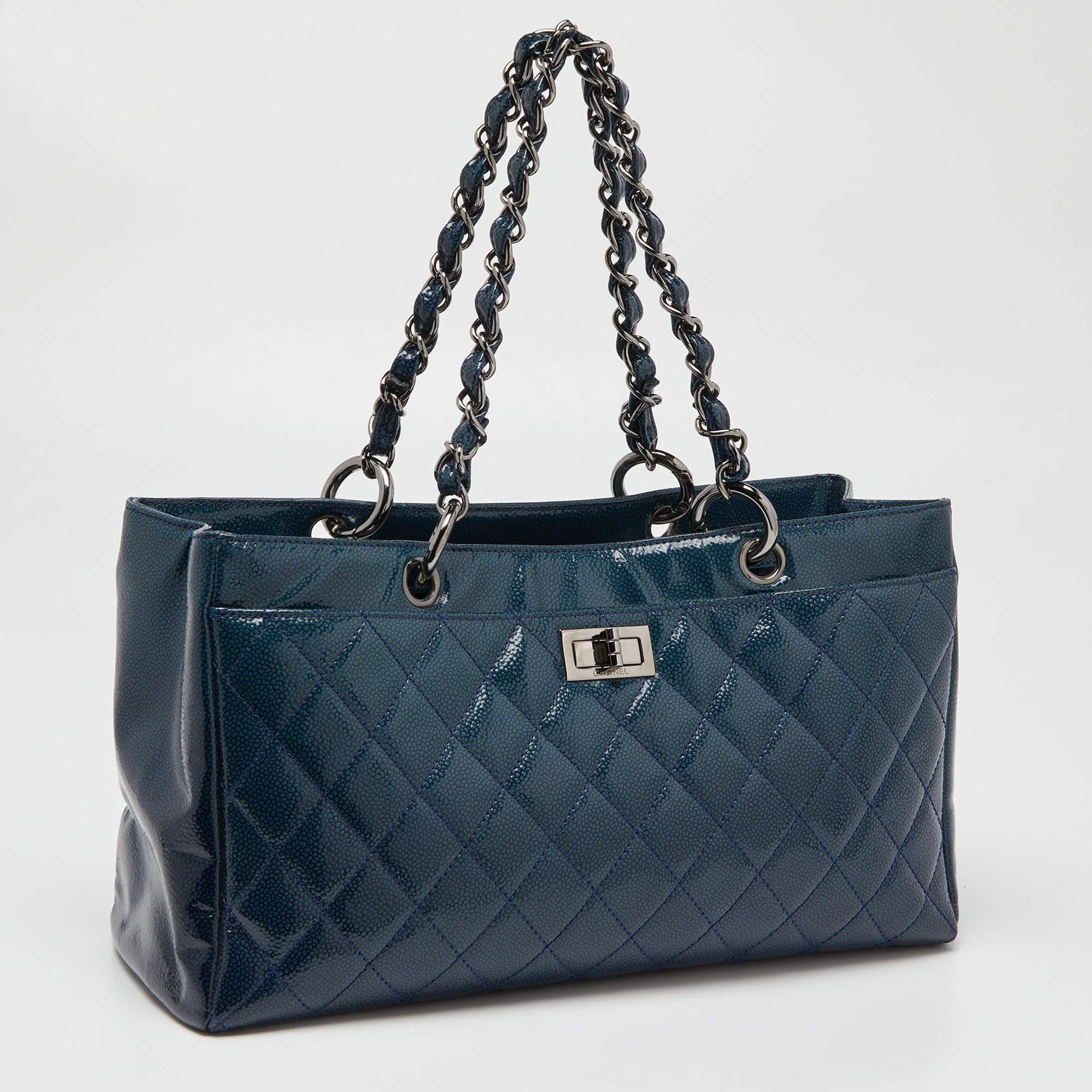 Women's Chanel Blue Diamond Shine Quilted Leather Reissue Tote
