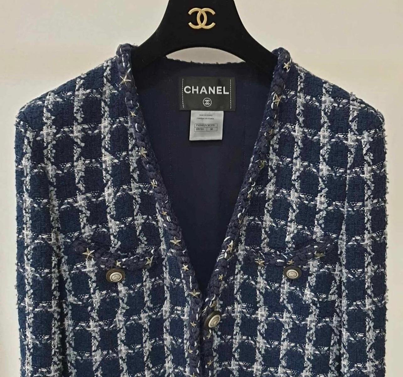 Chanel Blaue Ecru Wolle Mischung Tweed Paris-Dallas Jacke 3