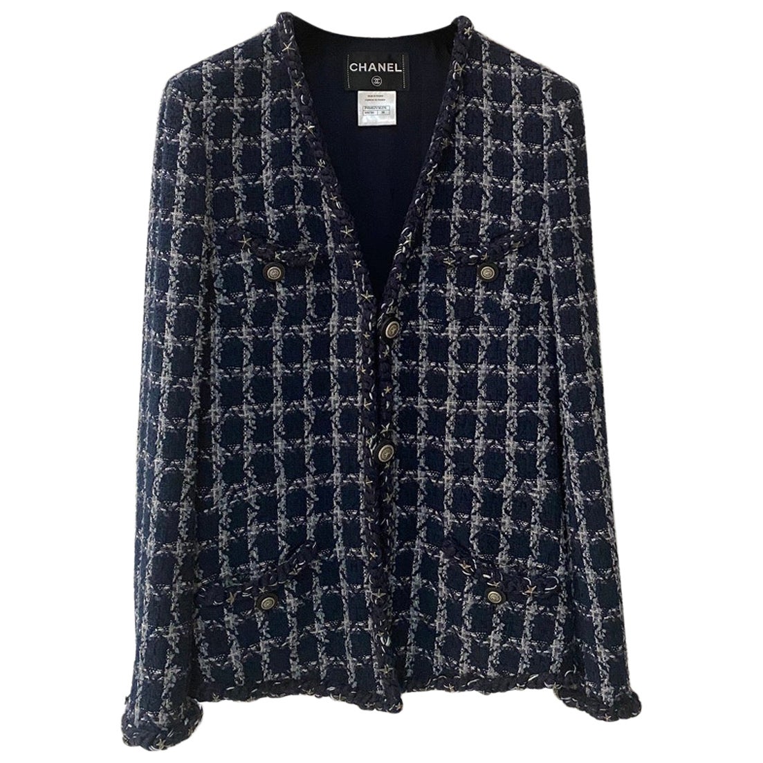 Chanel Blaue Ecru Wolle Mischung Tweed Paris-Dallas Jacke