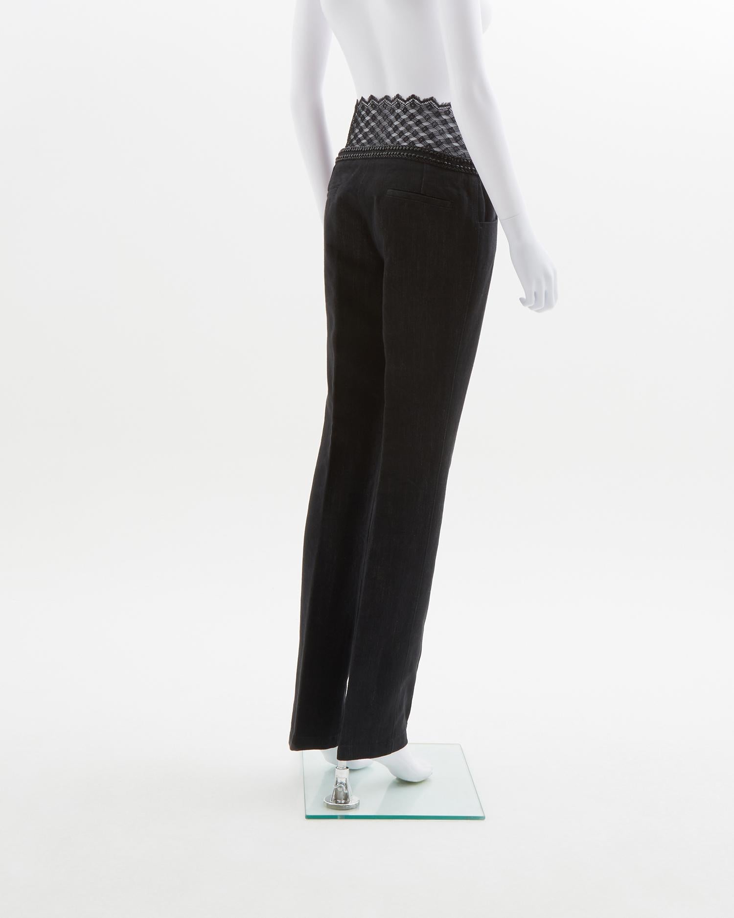Black Chanel blue embellished metallic gun metal & lace denim pants, ss 2004 For Sale