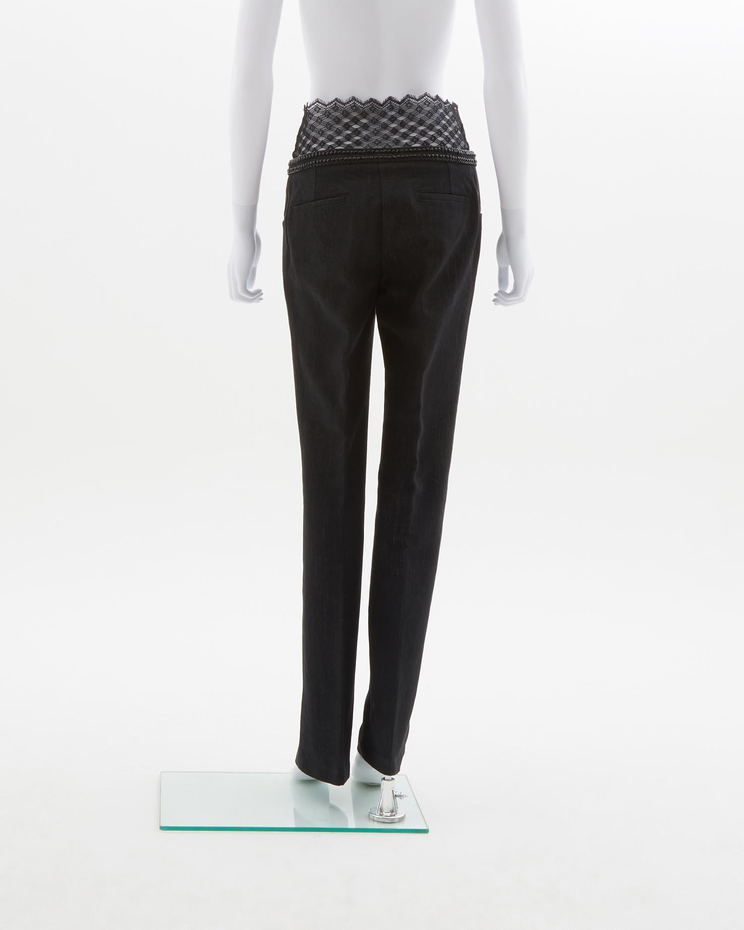 Chanel blue embellished metallic gun metal & lace denim pants, ss 2004 In Good Condition For Sale In Milano, IT