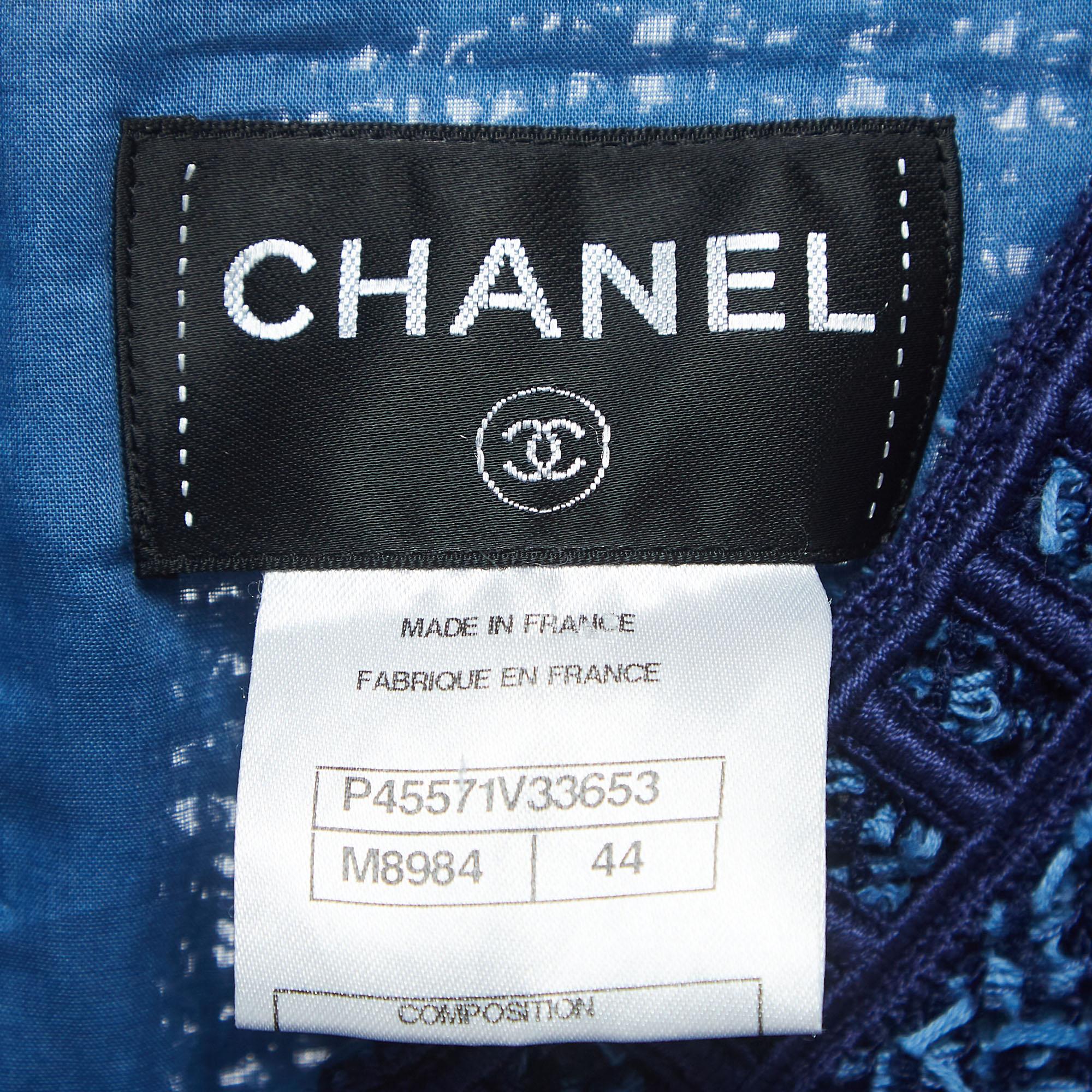 Chanel Blaues besticktes A-Linien-Midikleid aus Tweed in Blau L Damen im Angebot