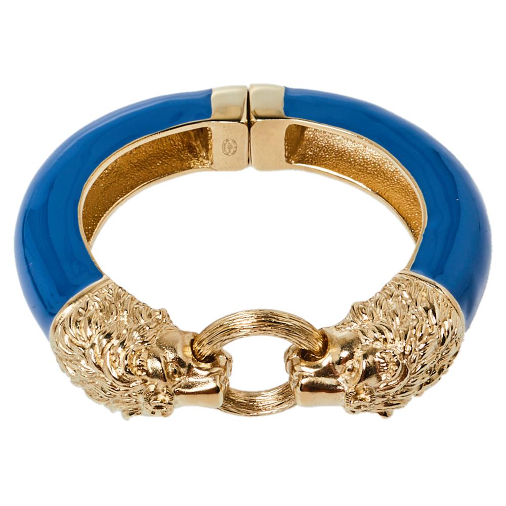 Contemporary Chanel Blue Enamel Gold Tone Lion Head Magnetic Bracelet