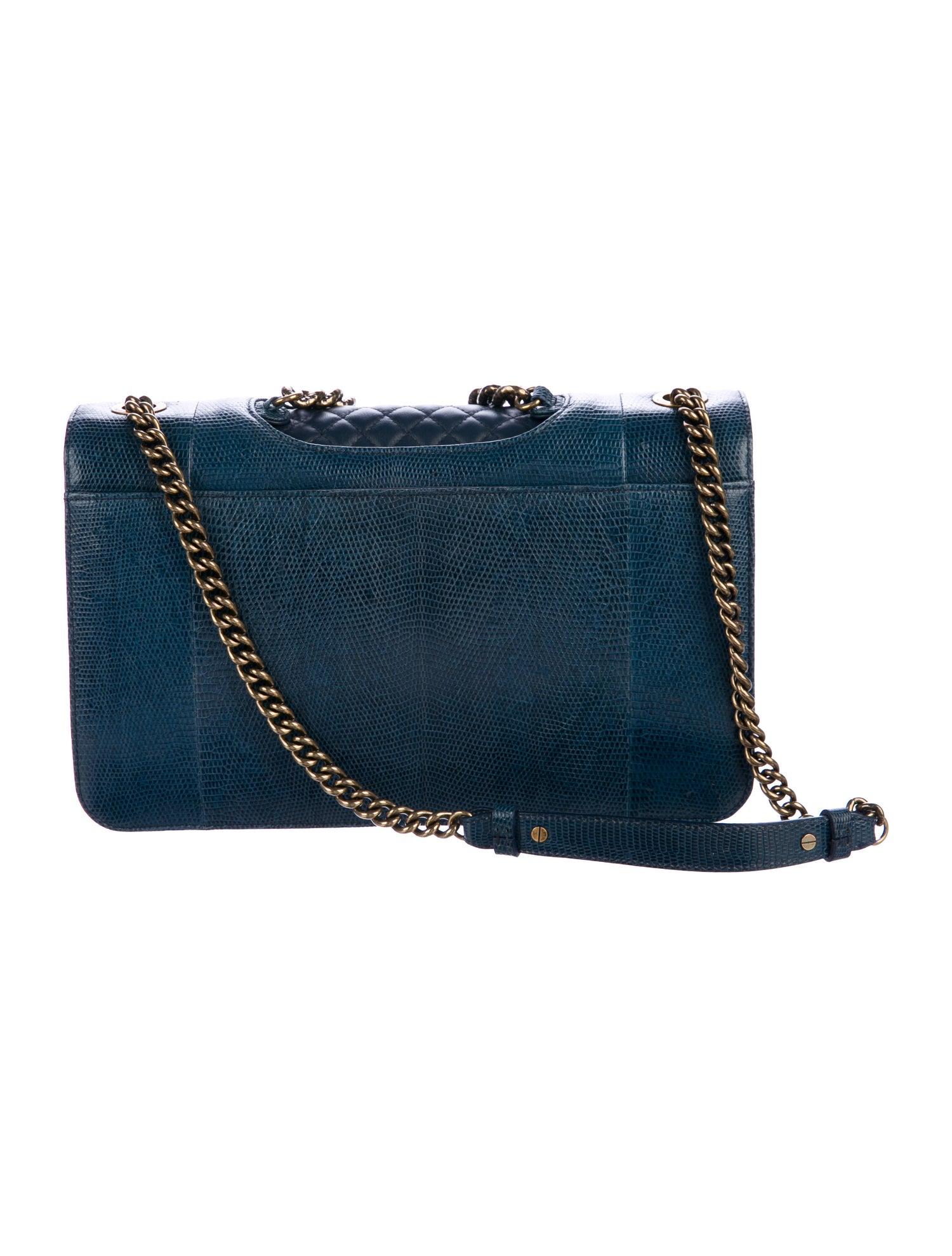 Black Chanel Blue Exotic Lizard Leather Gold Evening Medium Shoulder Flap Bag in Box