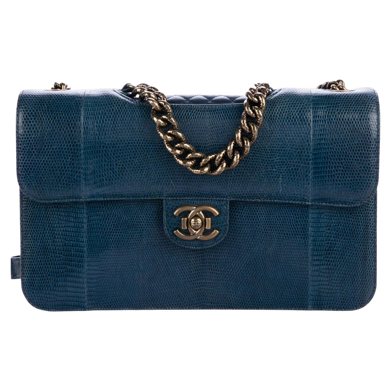 Chanel Blue Exotic Lizard Leather Gold Evening Medium Shoulder Flap Bag in Box