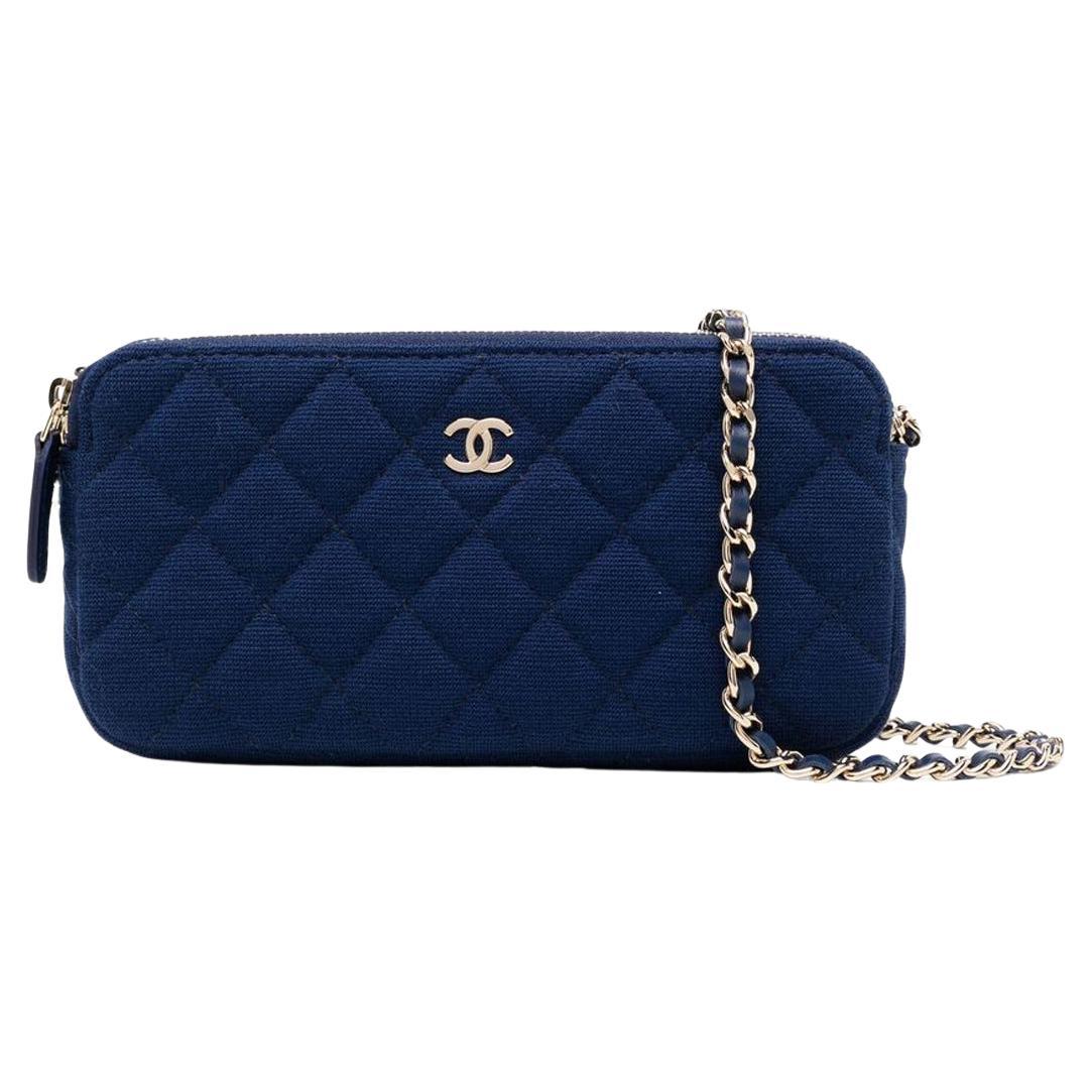 Chanel Blue Fabric Double Zip Wallet On Chain at 1stDibs