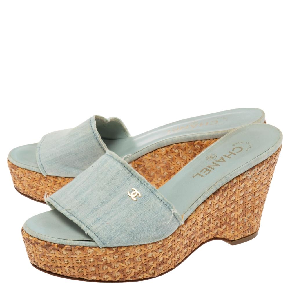 Beige Chanel Blue Fabric Open Toe Raffia Wedge Platform Slide Sandals Size 39