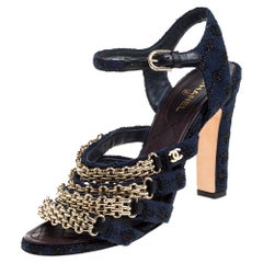 Chanel Blue Fabric Reissue Chain Ankle Strap Sandals Size 37