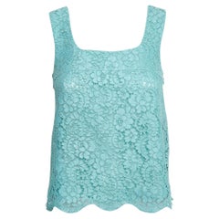 Used Chanel Blue Floral Pattern Lace Sleeveless Top S