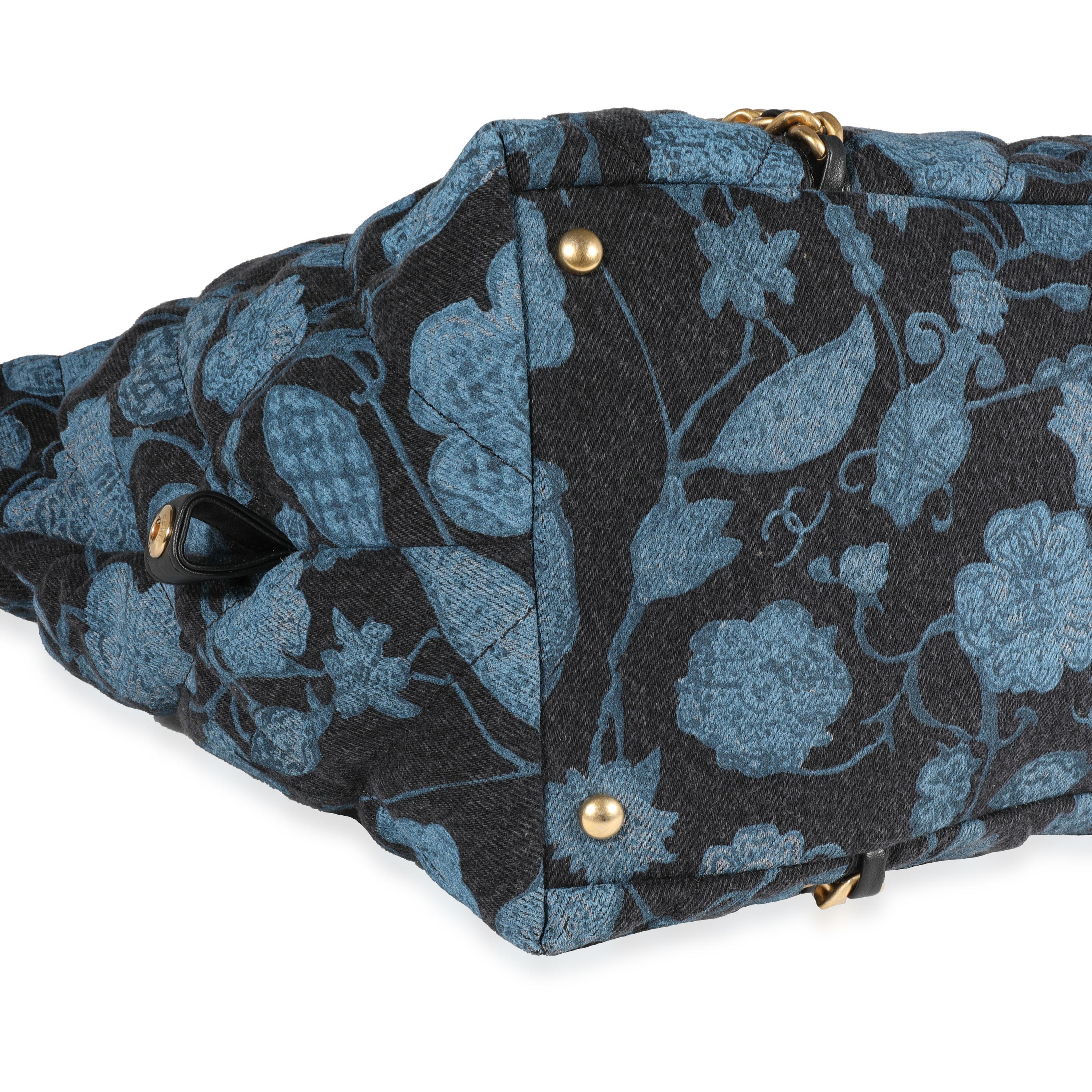 Black Chanel Blue Floral Quilted Denim Bowling Bag