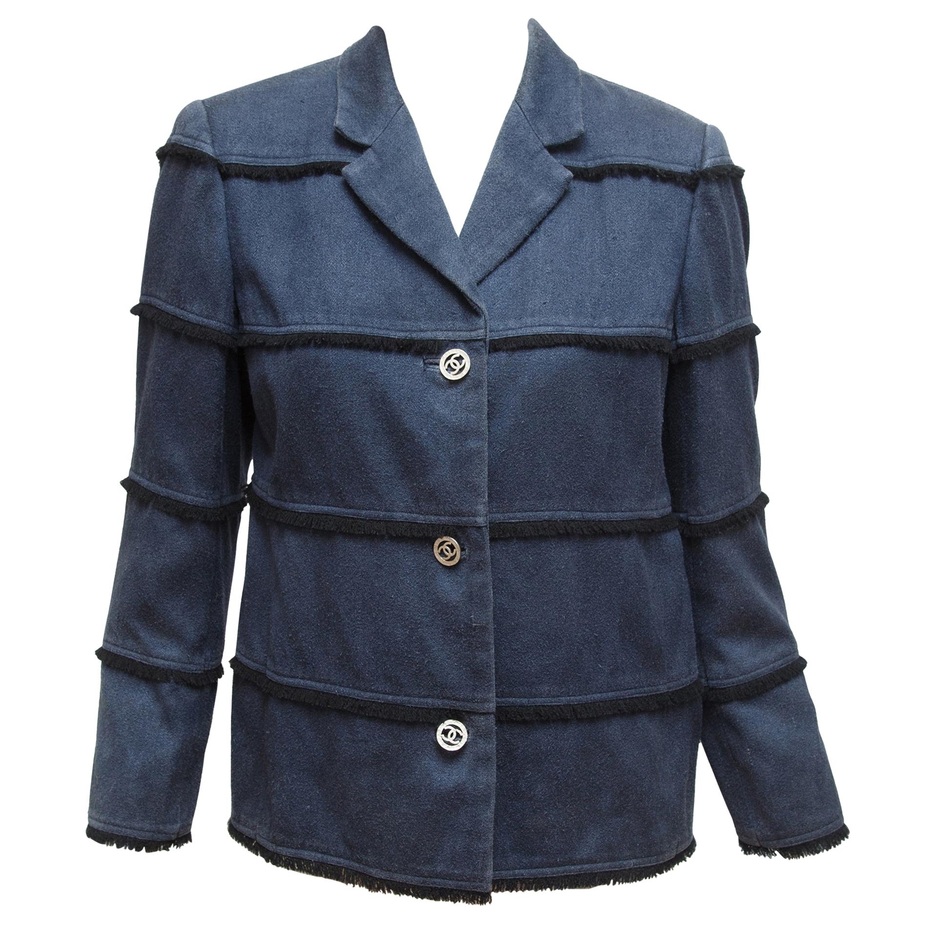 Chanel Blue Frayed Stripe Denim Cotton Jacket
