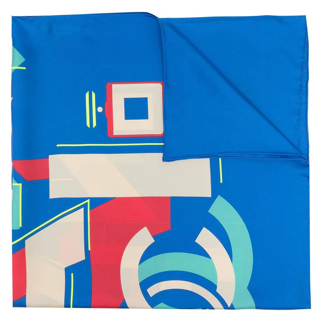 Unquestionably timeless, this silk scarf from Chanel is set to be the most versatile item in your closet. Featuring a classic piped trim, an abstract geometric design created from the word 'Chanel', a camellia flower and the iconic 'CC' logo, this