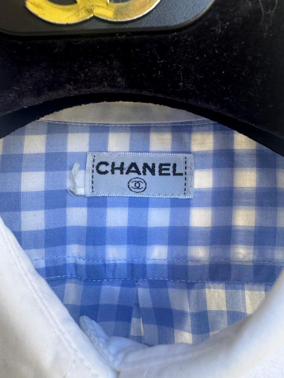 Chanel Blue Gingham Button-Down Shirt with White Contrast Collar & CC Logo In Good Condition In San Francisco, CA