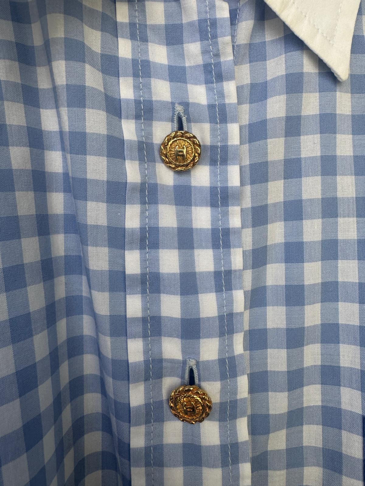 Women's Chanel Blue Gingham Button-Down Shirt with White Contrast Collar & CC Logo