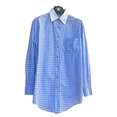 Chanel Blue Gingham Button-Down Shirt with White Contrast Collar & CC Logo