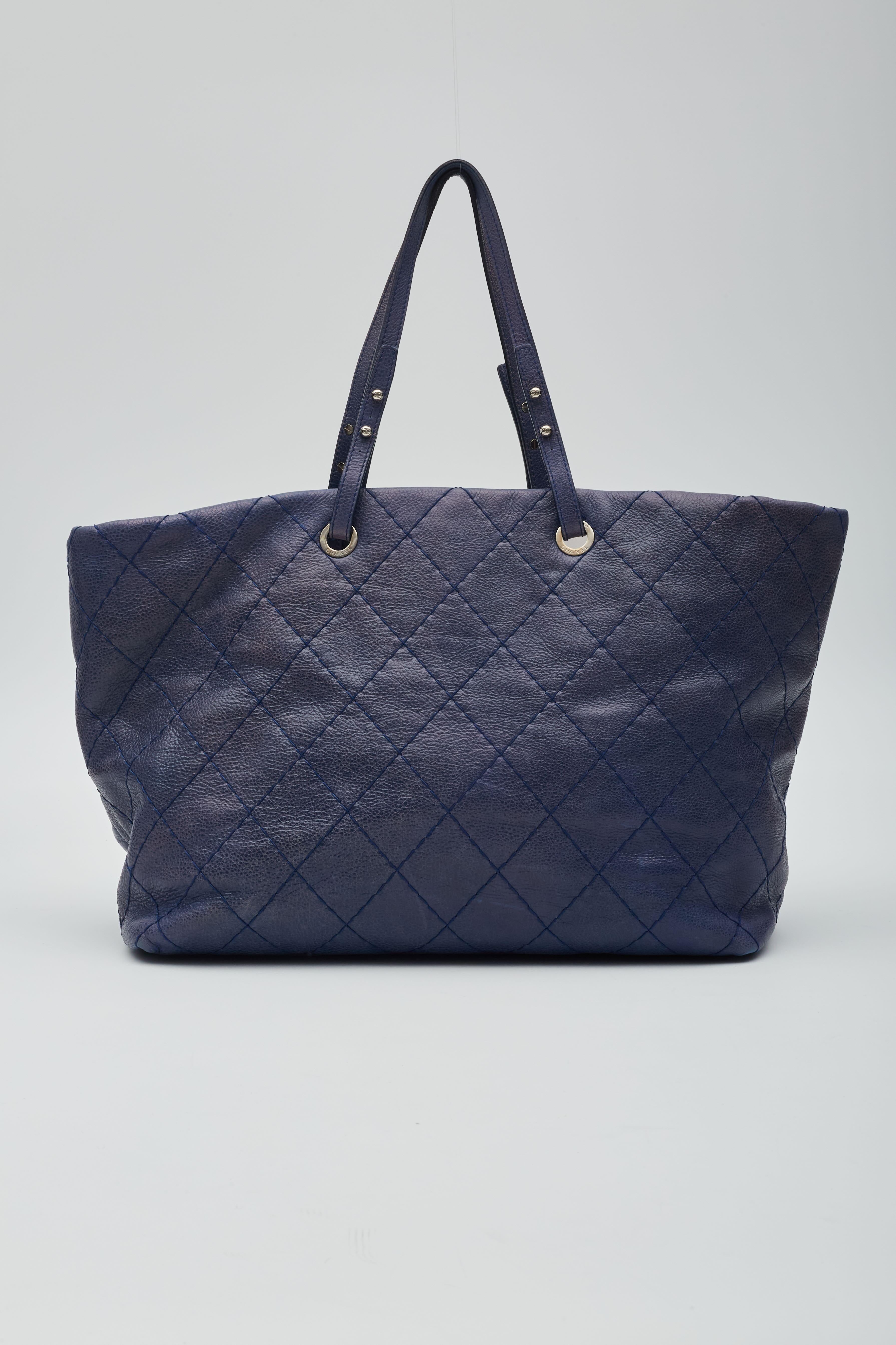 Women's Chanel Blue Glazed Calfskin Large On The Road Tote Bag