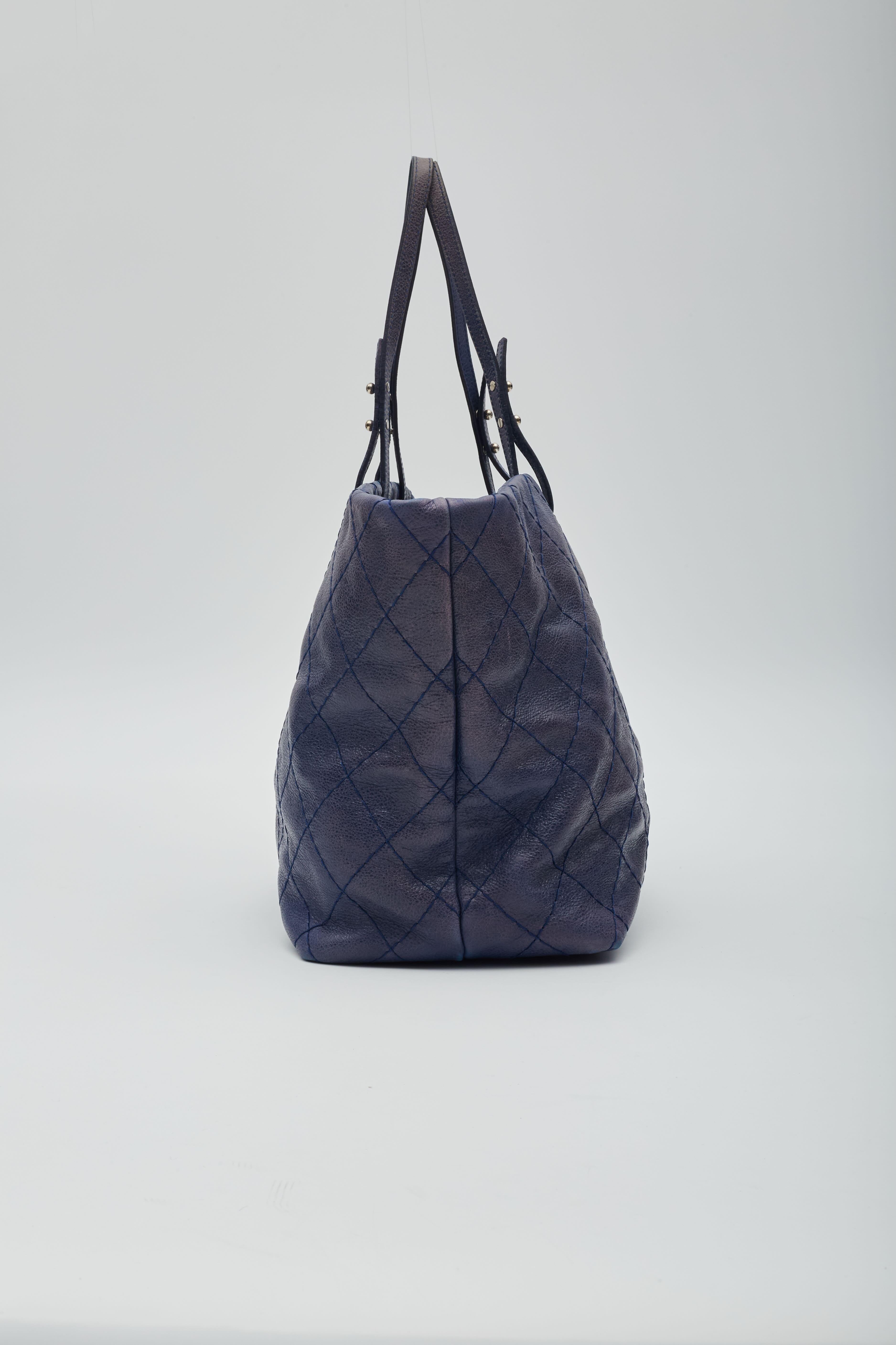 Chanel Blue Glazed Calfskin Large On The Road Tote Bag 2