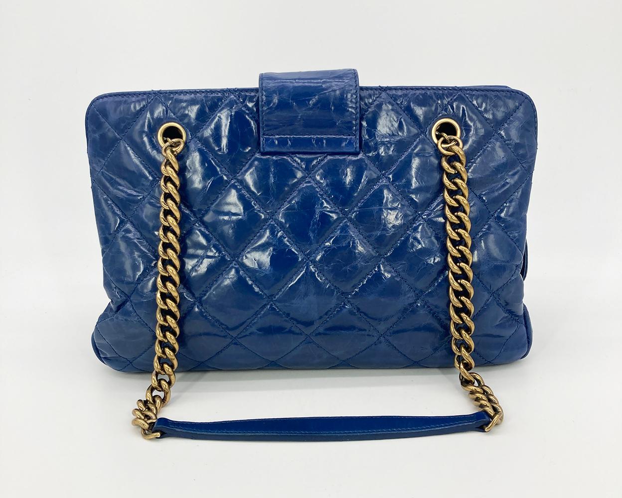 Chanel Blue Glazed Calfskin Quilted Tote Bag In Good Condition For Sale In Philadelphia, PA