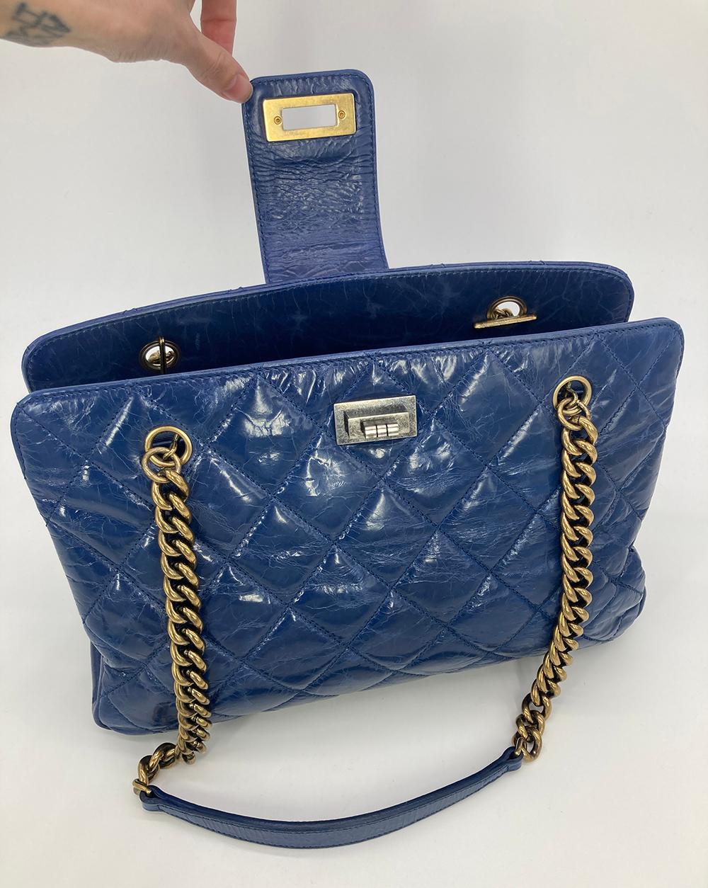 Chanel Blue Glazed Calfskin Quilted Tote Bag For Sale 2