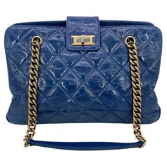 Used Chanel Blue Glazed Calfskin Quilted Tote Bag