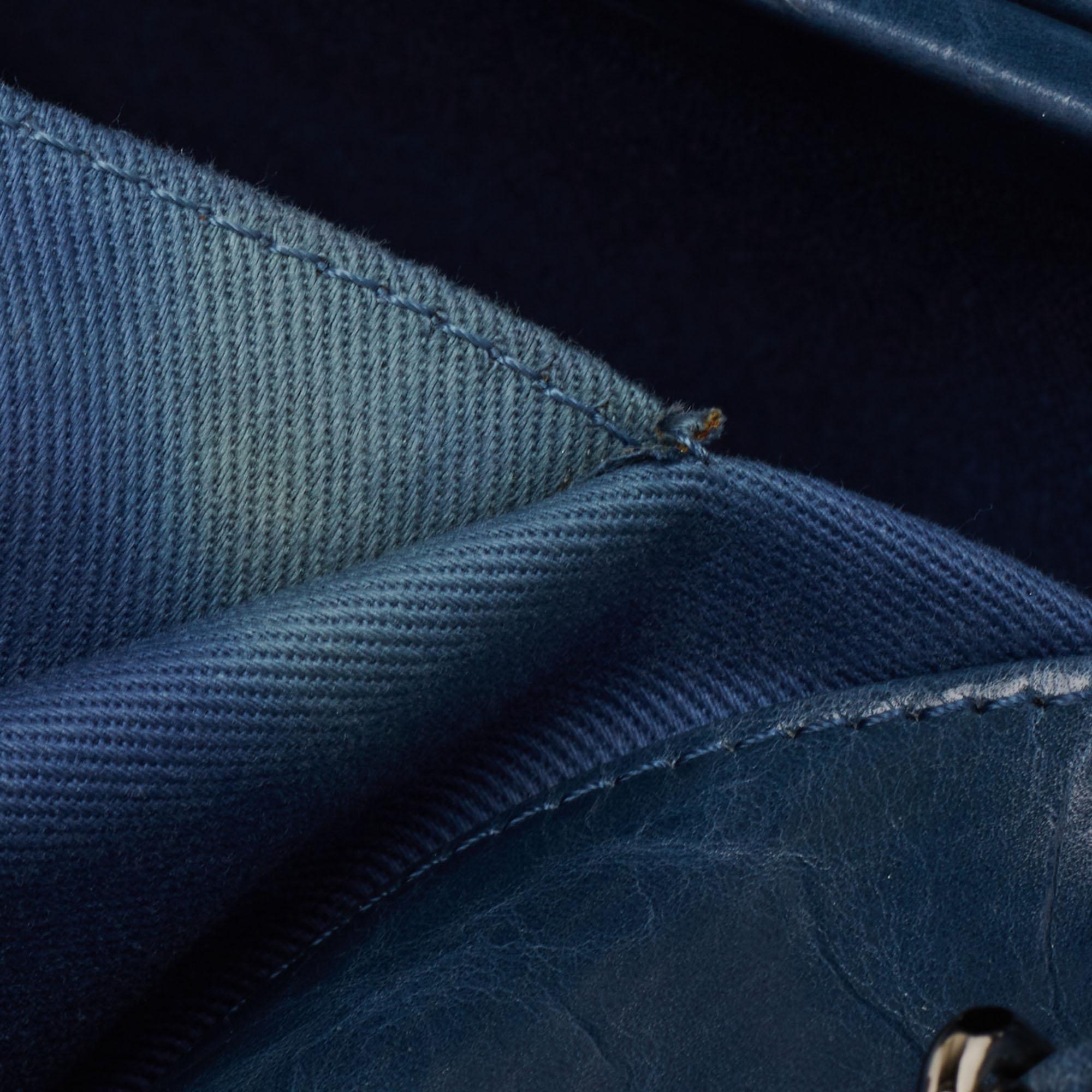 Chanel Blue Glazed Crackled Quilted Patent Large Just Mademoiselle Bowler Bag 4