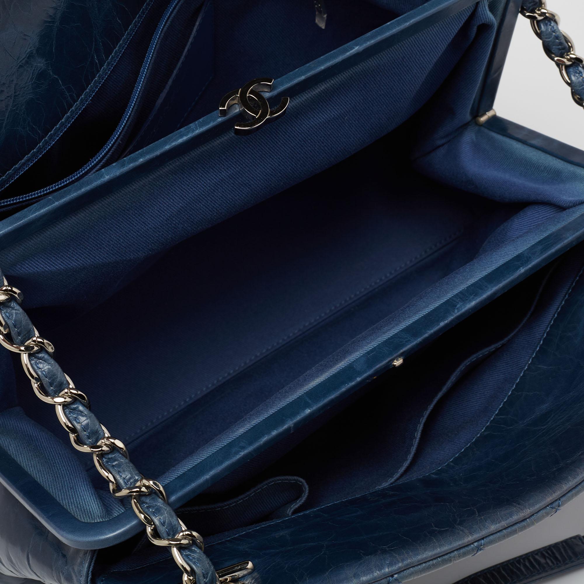 Chanel Blue Glazed Crackled Quilted Patent Large Just Mademoiselle Bowler Bag 5