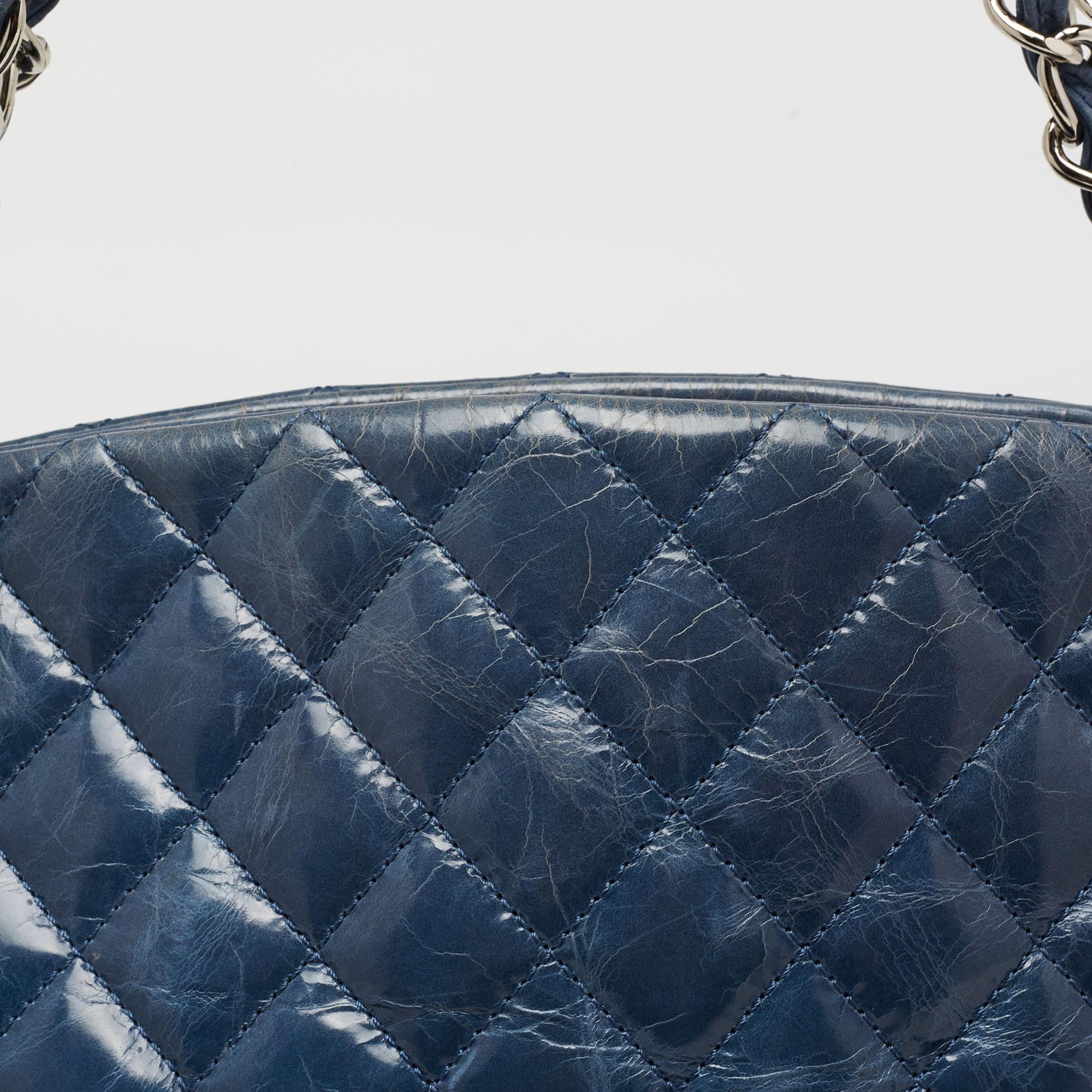 Chanel Blue Glazed Crackled Quilted Patent Large Just Mademoiselle Bowler Bag 6