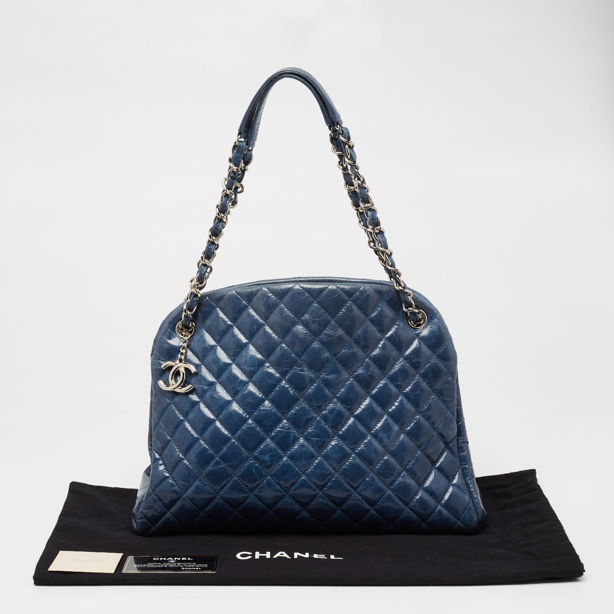 Chanel Blue Glazed Crackled Quilted Patent Large Just Mademoiselle Bowler Bag 8