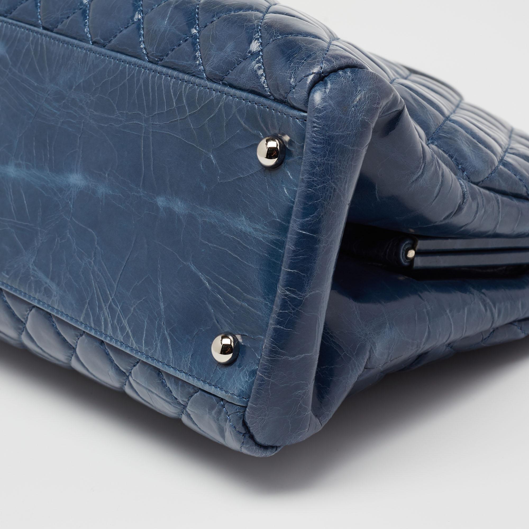 Chanel Blue Glazed Crackled Quilted Patent Large Just Mademoiselle Bowler Bag 1