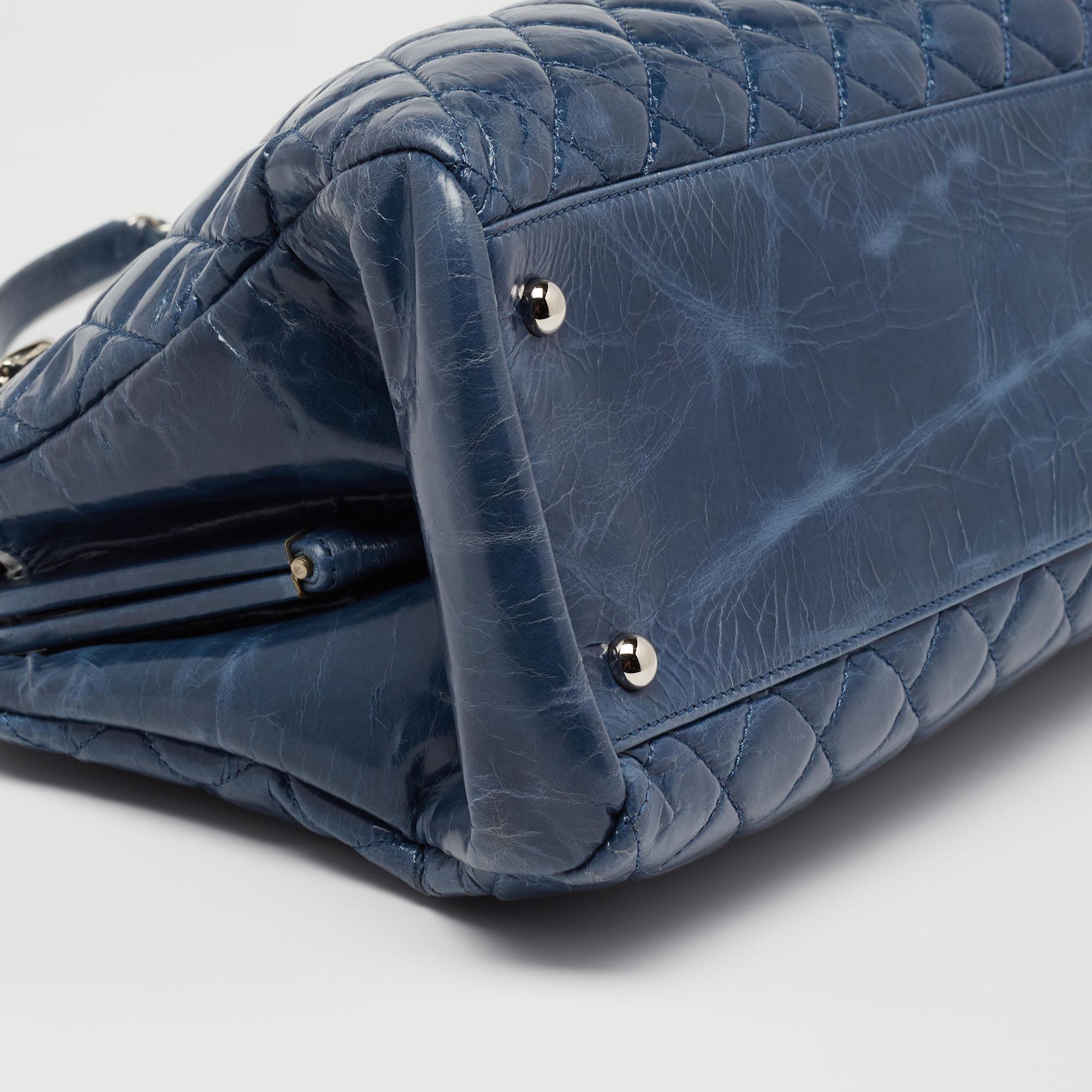 Chanel Blue Glazed Crackled Quilted Patent Large Just Mademoiselle Bowler Bag 2