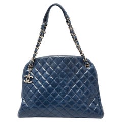 Chanel Blue Glazed Crackled Quilted Patent Large Just Mademoiselle Bowler Bag