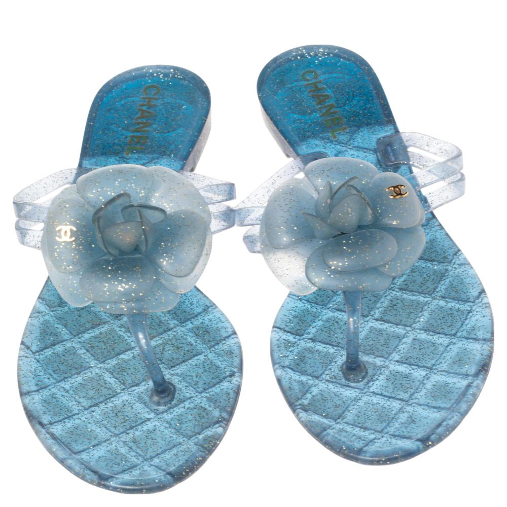Women's Chanel Blue Glitter Jelly Camellia Thong Flat Sandals Size 38