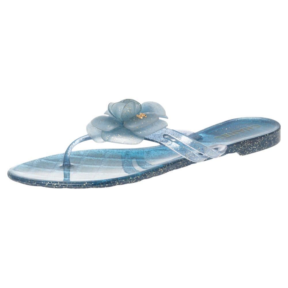 Chanel Blue Glitter Jelly Camellia Thong Flat Sandals Size 38 at