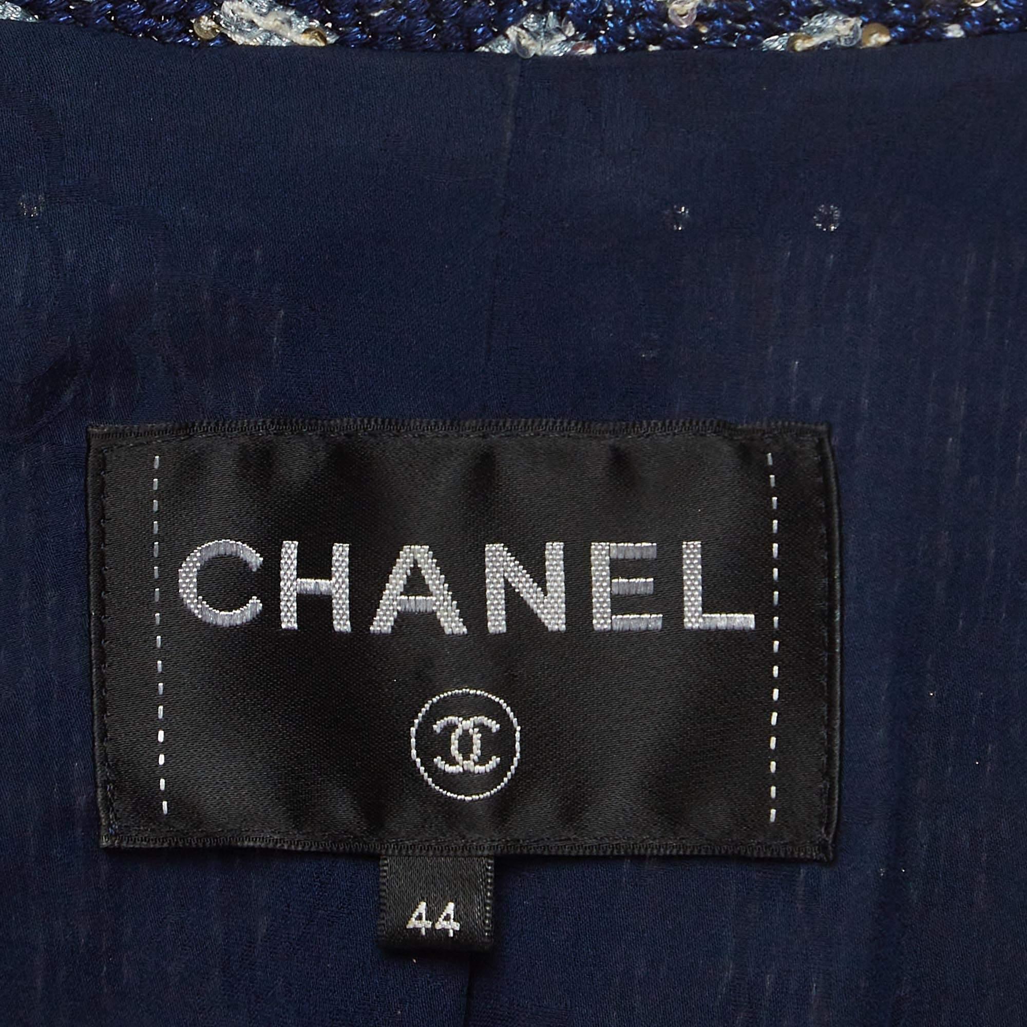 Chanel Blue Glitter Tweed Sequin Detail Long Jacket L In Good Condition For Sale In Dubai, Al Qouz 2
