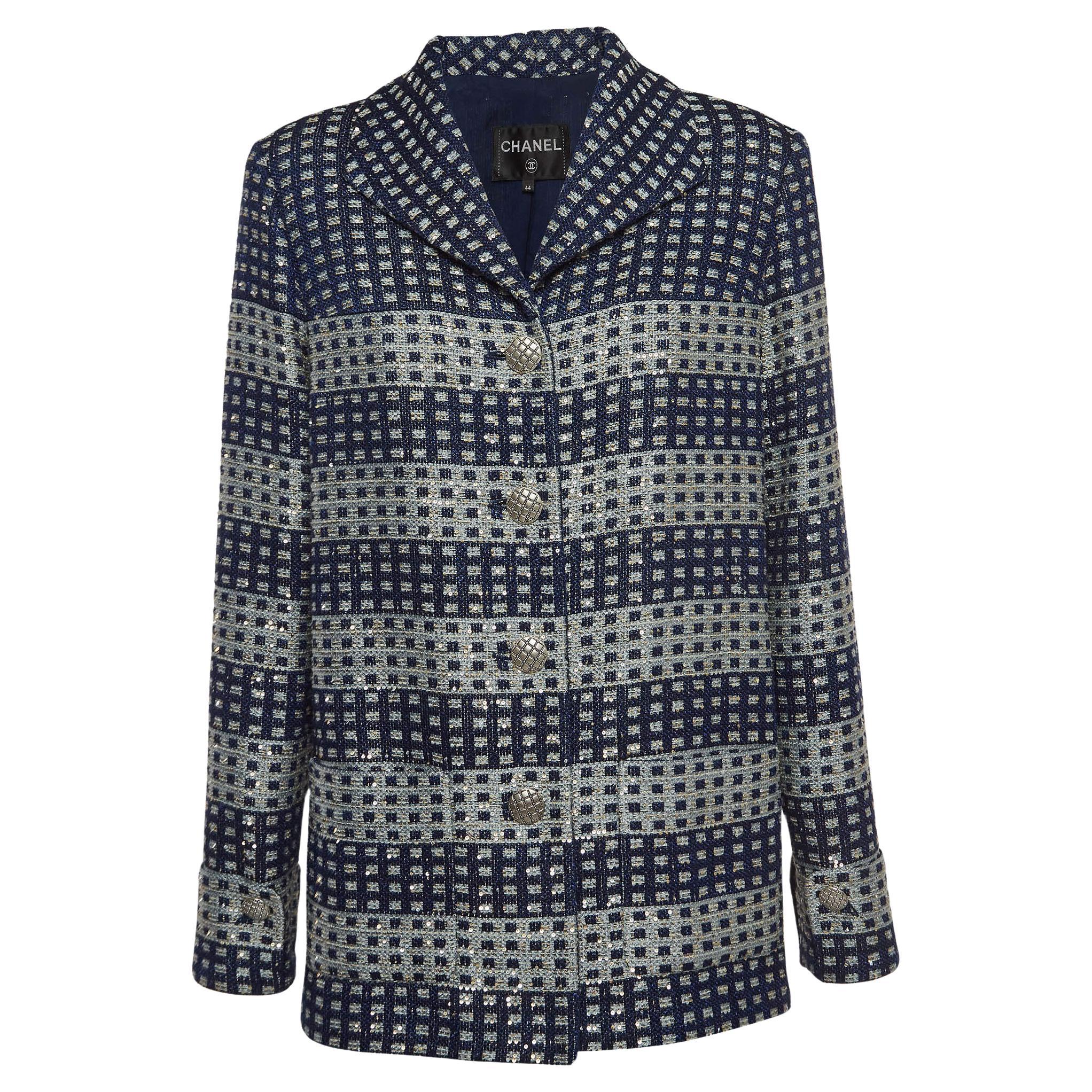 Chanel Blue Glitter Tweed Sequin Detail Long Jacket L For Sale