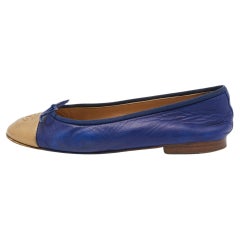 Used Chanel Blue/Gold Leather CC Cap Toe Bow Ballet Flats Size 38