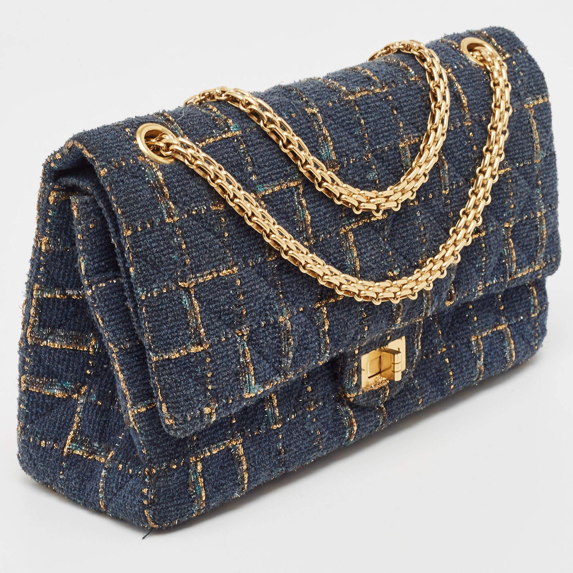 Chanel Blue/Gold Tweed Reissue 2.55 Icons Mademoiselle Double Flap Bag In Good Condition In Dubai, Al Qouz 2