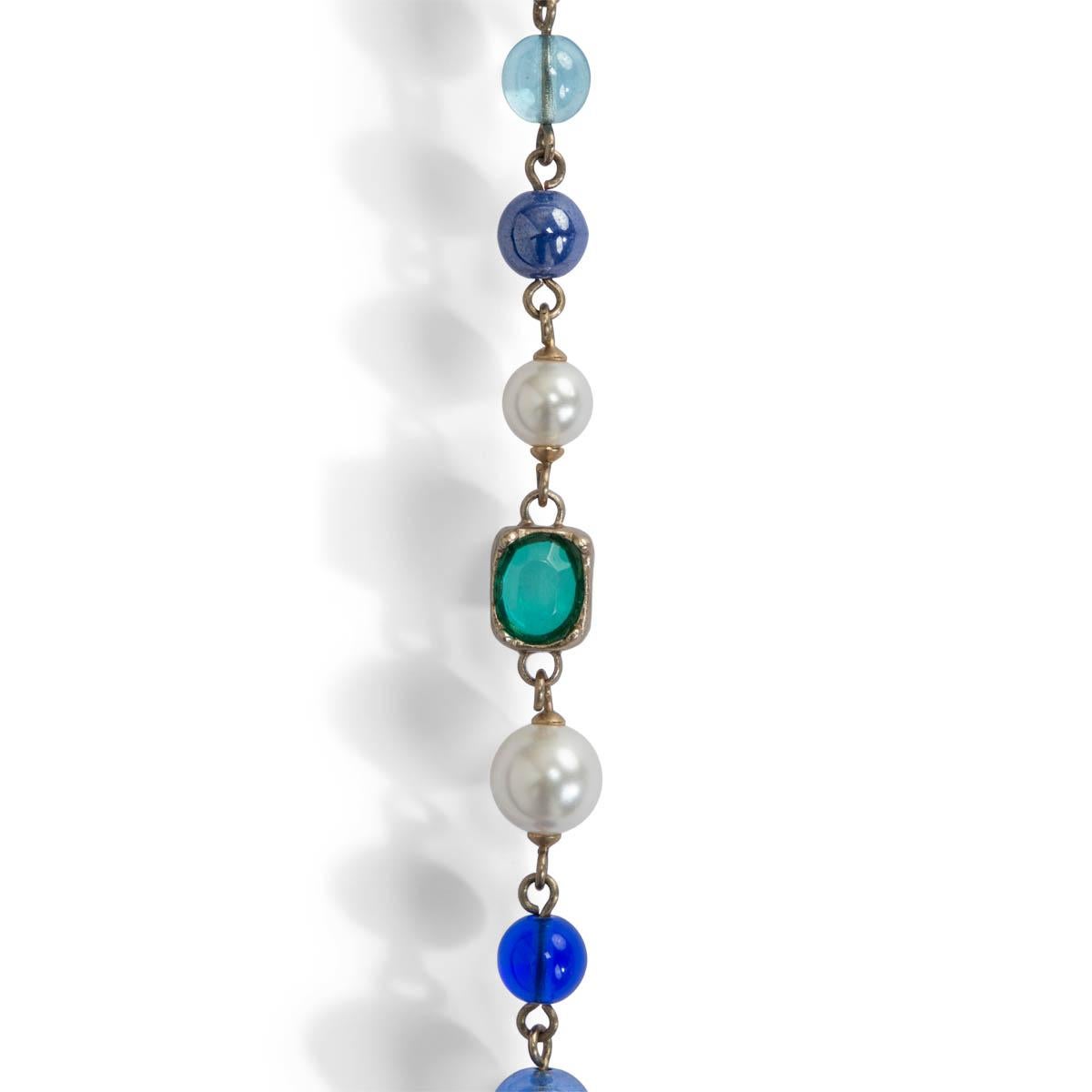 100% authentic Chanel 2007 CC Long Necklace made of white faux pears, blue and turquoise beads and rhinestones. Has been worn and is in excellent condition. Comes with case.

Measurements
Model	Chanel07A
Length	80cm