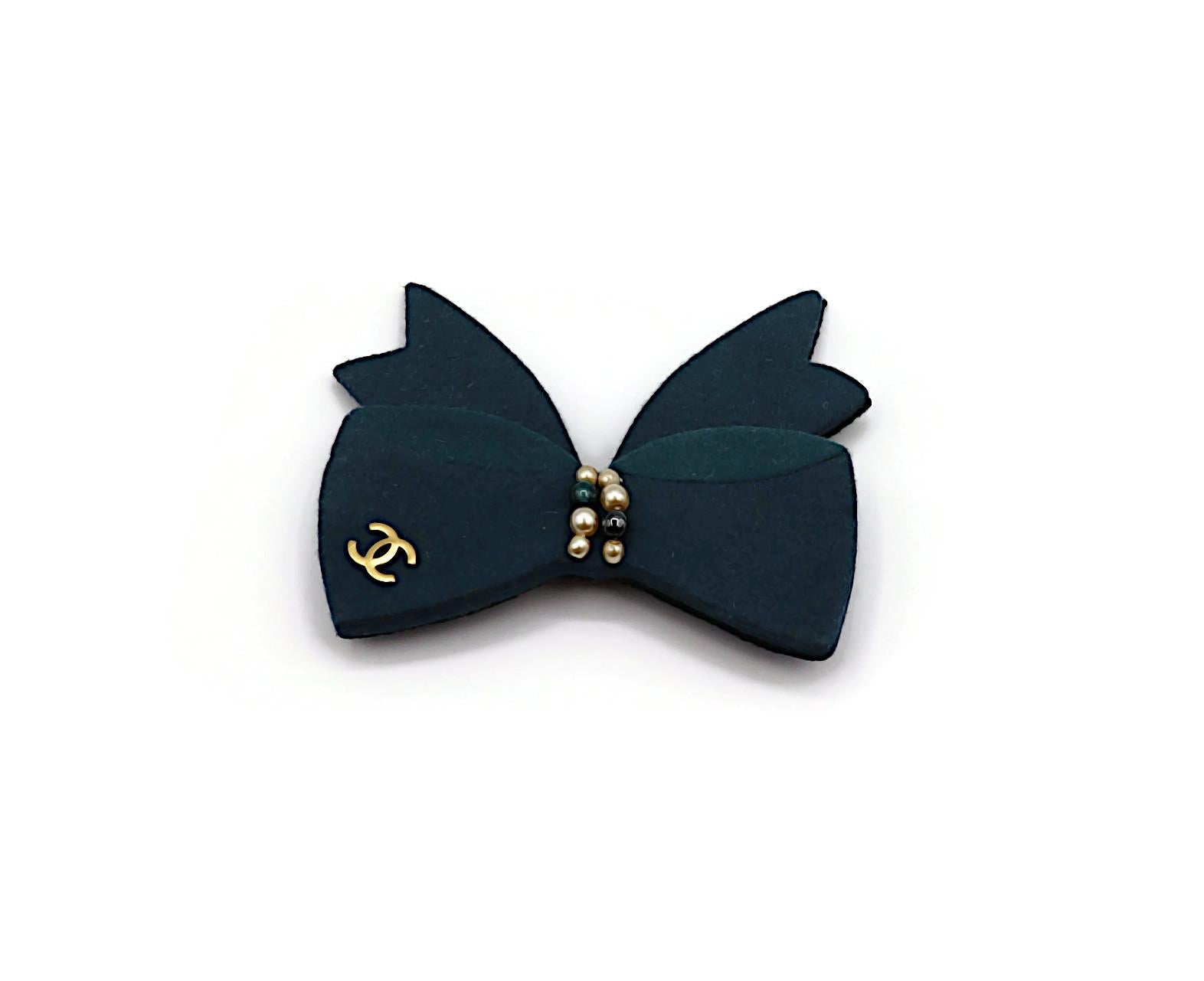 CHANEL Blue & Green Felt CC Bow Brooch 1