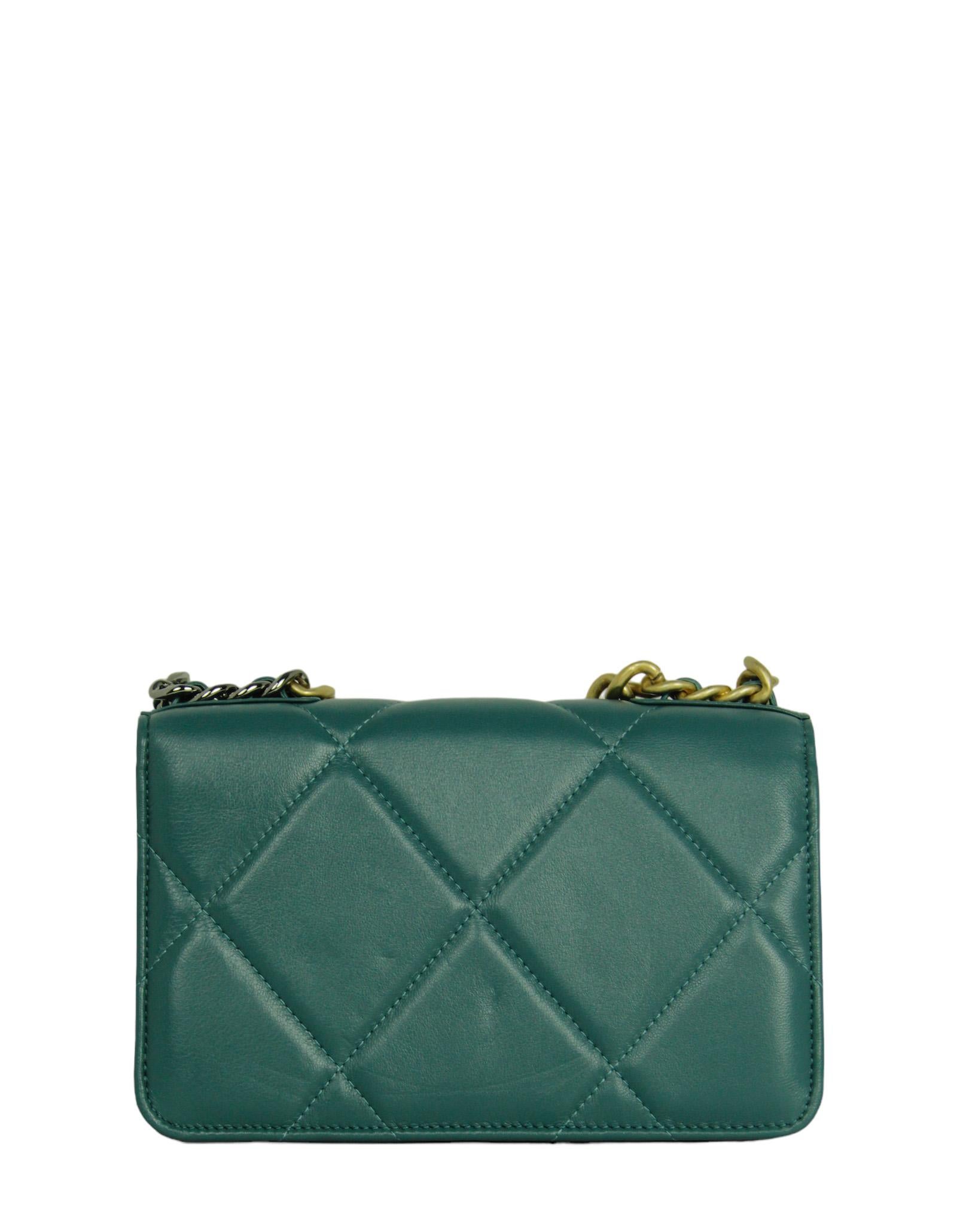 Chanel Blue-Green Lambskin Quilted 19 Wallet On Chain WOC Crossbody Bag In Excellent Condition In New York, NY