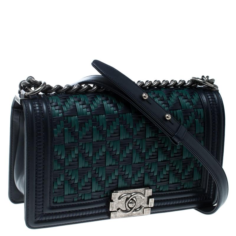 Chanel Blue/Green Woven Leather Medium Boy Flap Bag 5