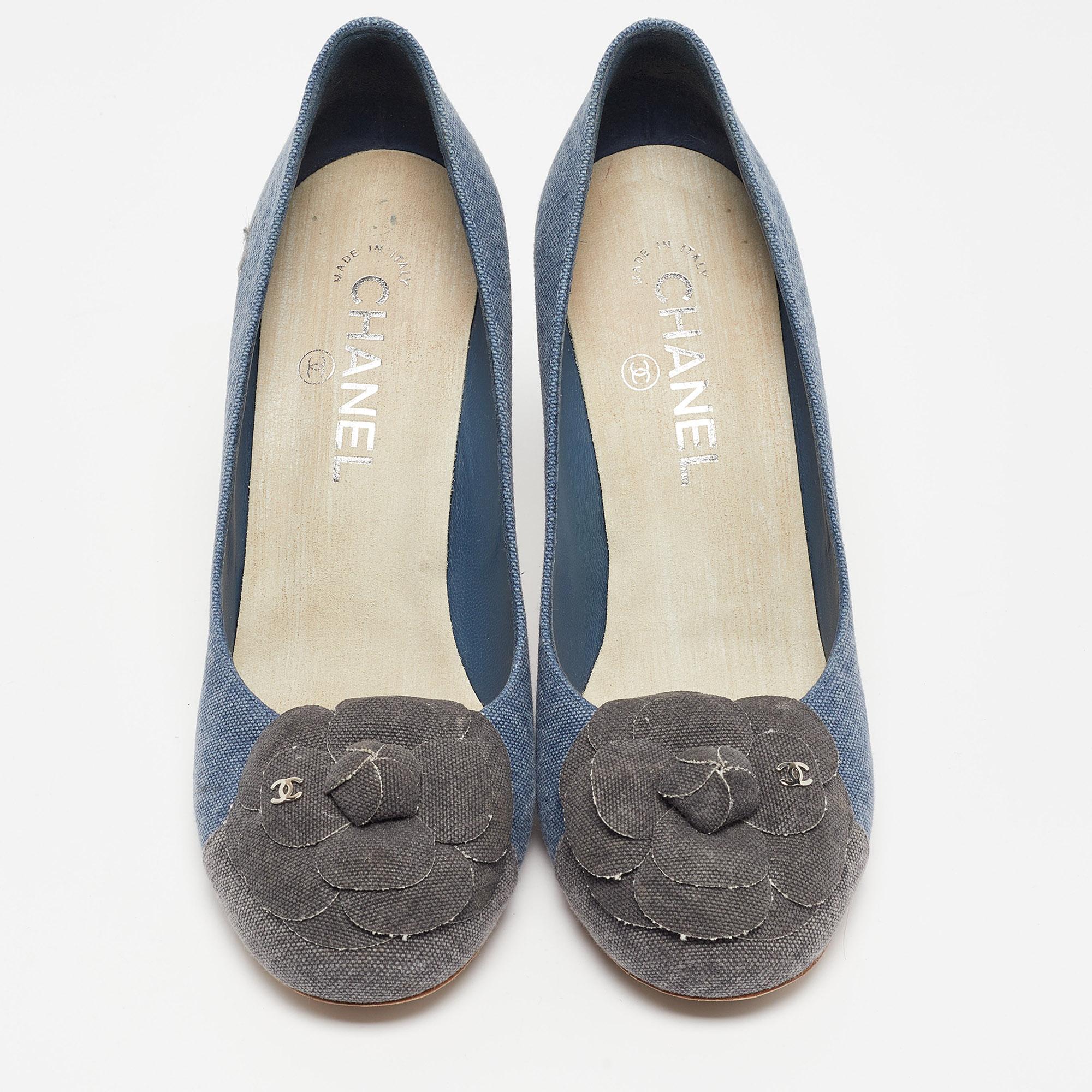 Gray Chanel Blue/Grey Denim Camelia Cap Toe Pumps Size 38.5